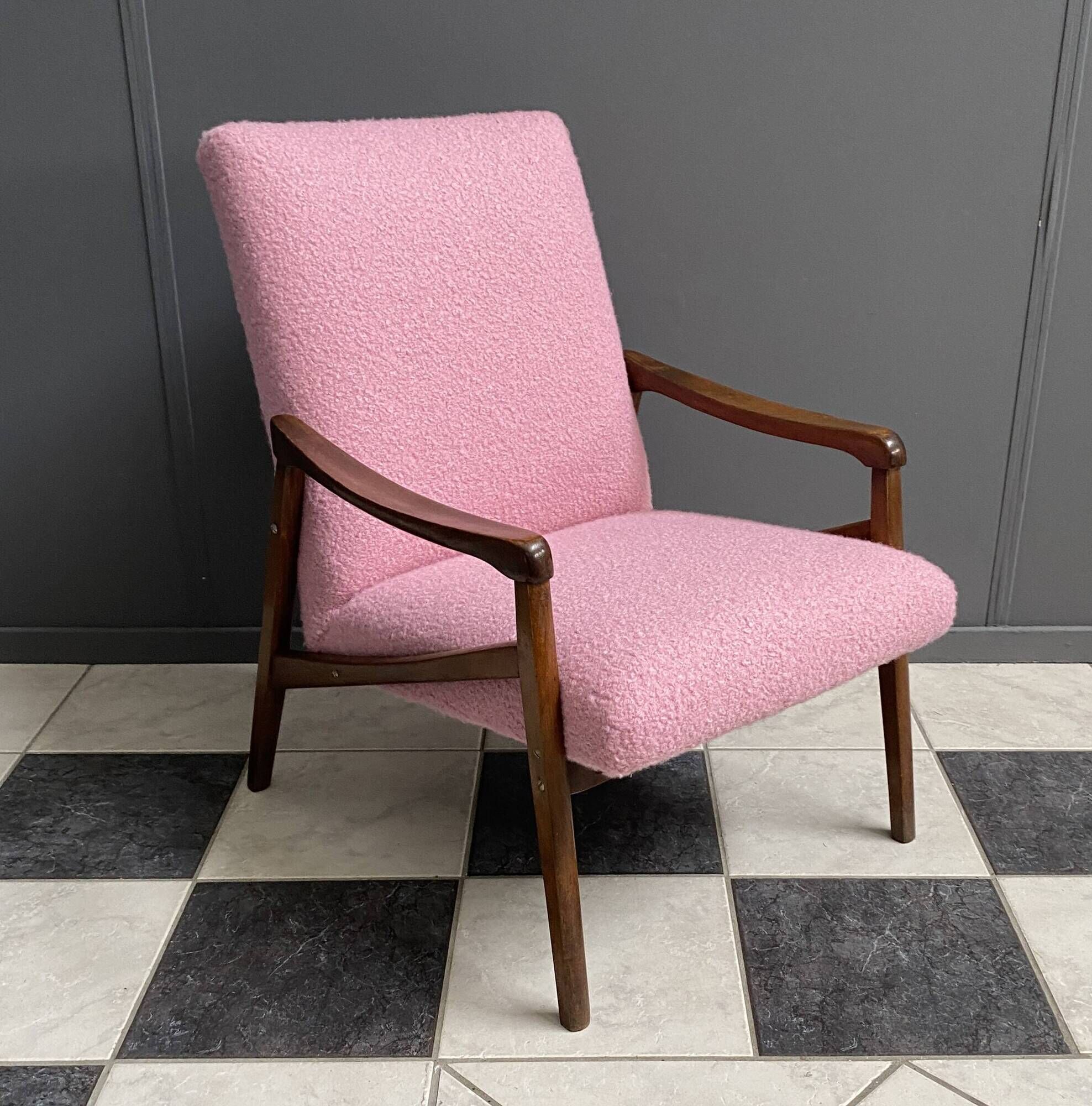 Pink arm chair by Jiri jiroutek 1960s reupholstered in boucle pink