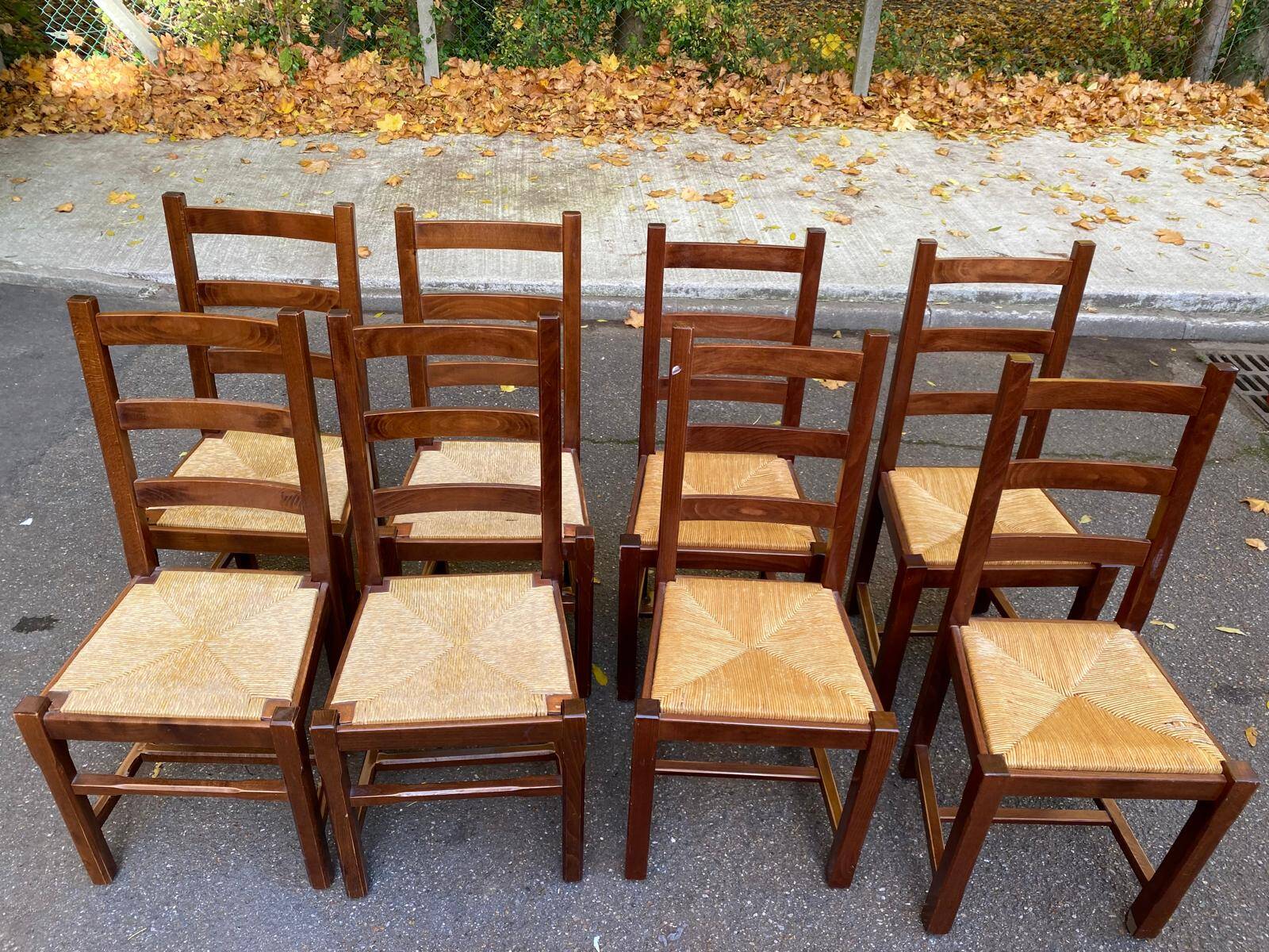 8 solid wood dining chairs with straw seats, farmhouse style