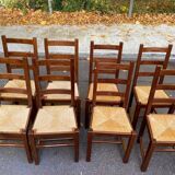 8 solid wood dining chairs with straw seats, farmhouse style