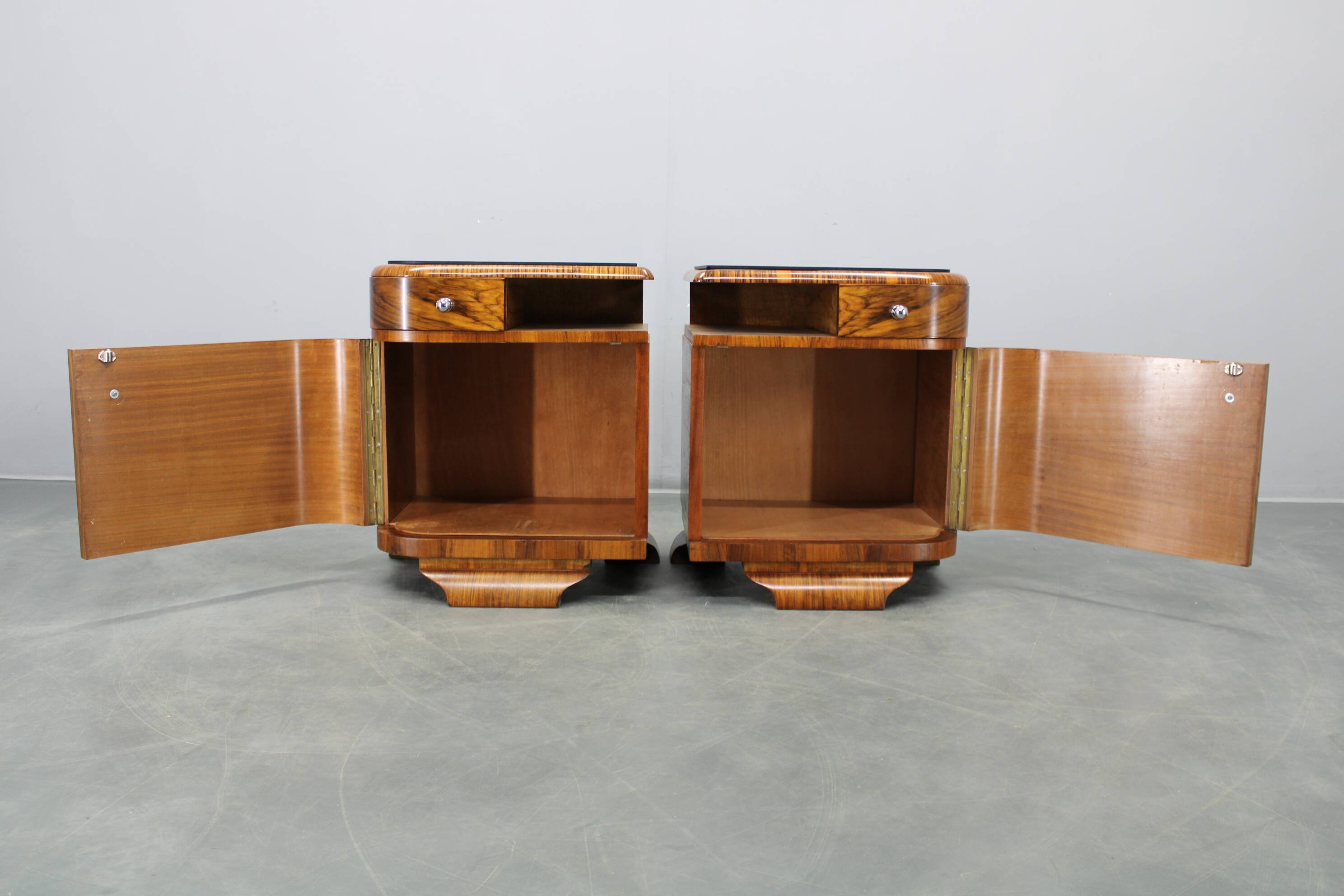 Pair of Art Deco walnut bedside tables from the 1930s.