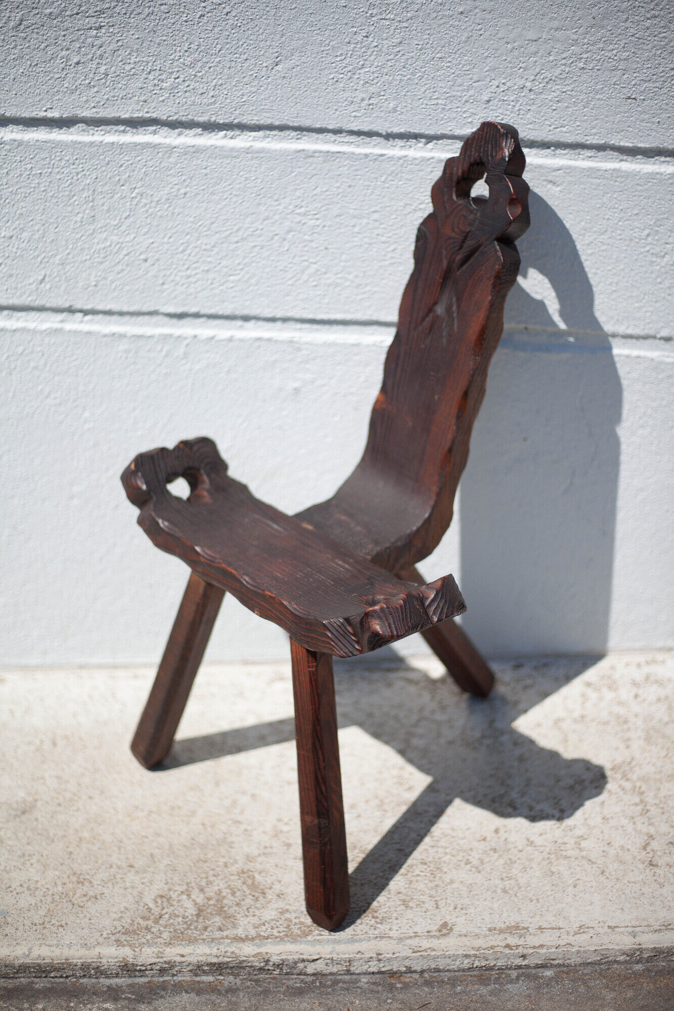 Brutalist wooden chair, tripod chair, Spanish chair