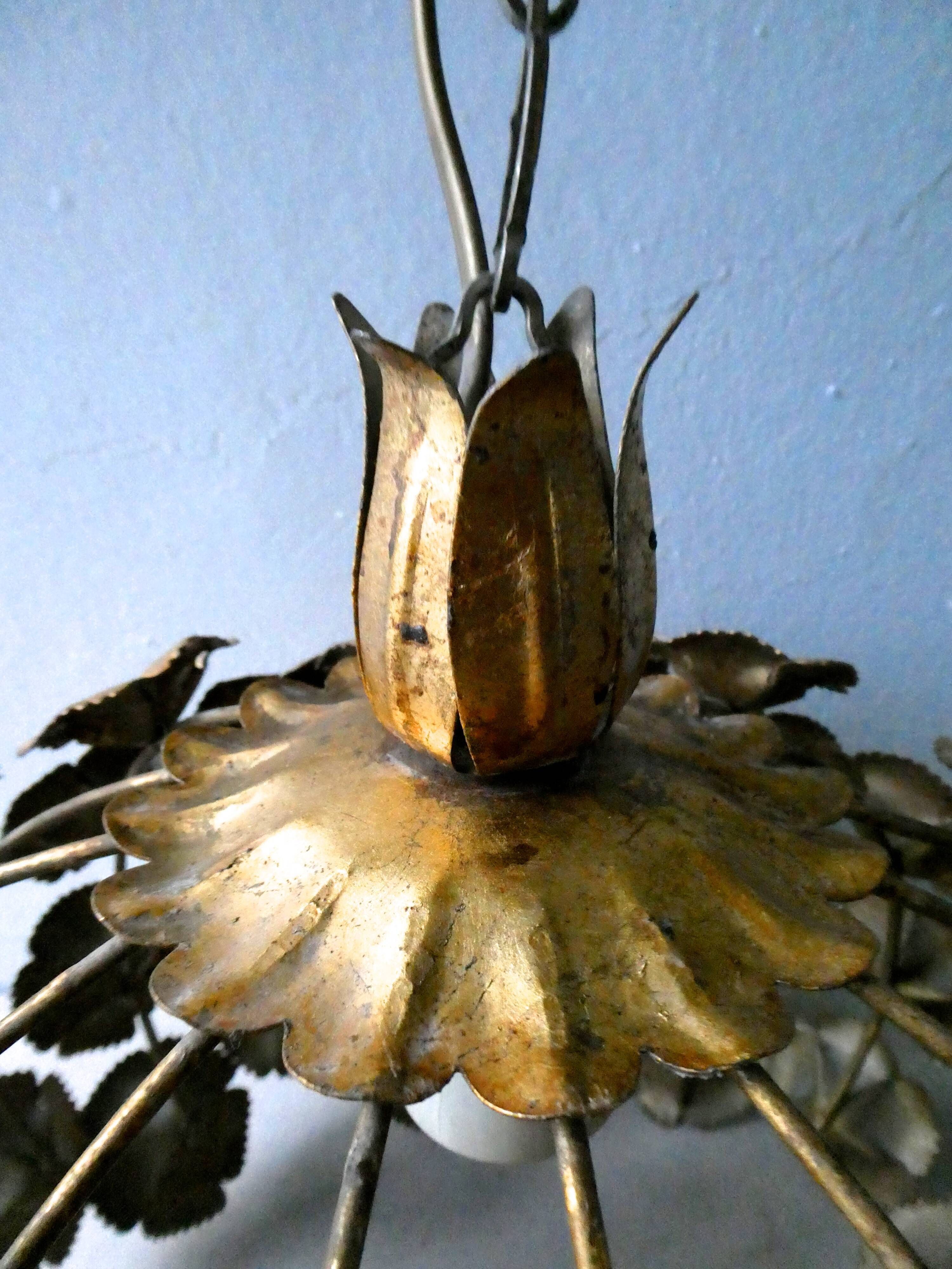 Hanging lamp with flowers in gilded metal, 60/70 years