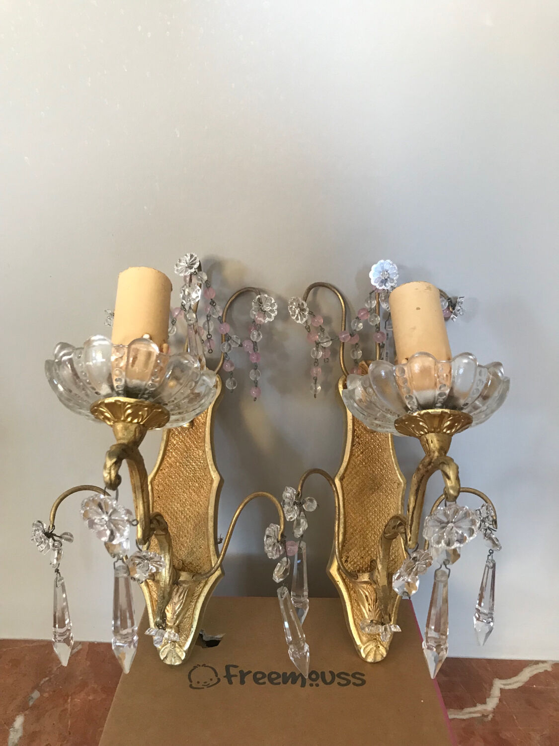 Pair of glass wall sconces with crystal drops