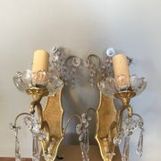 Pair of glass wall sconces with crystal drops