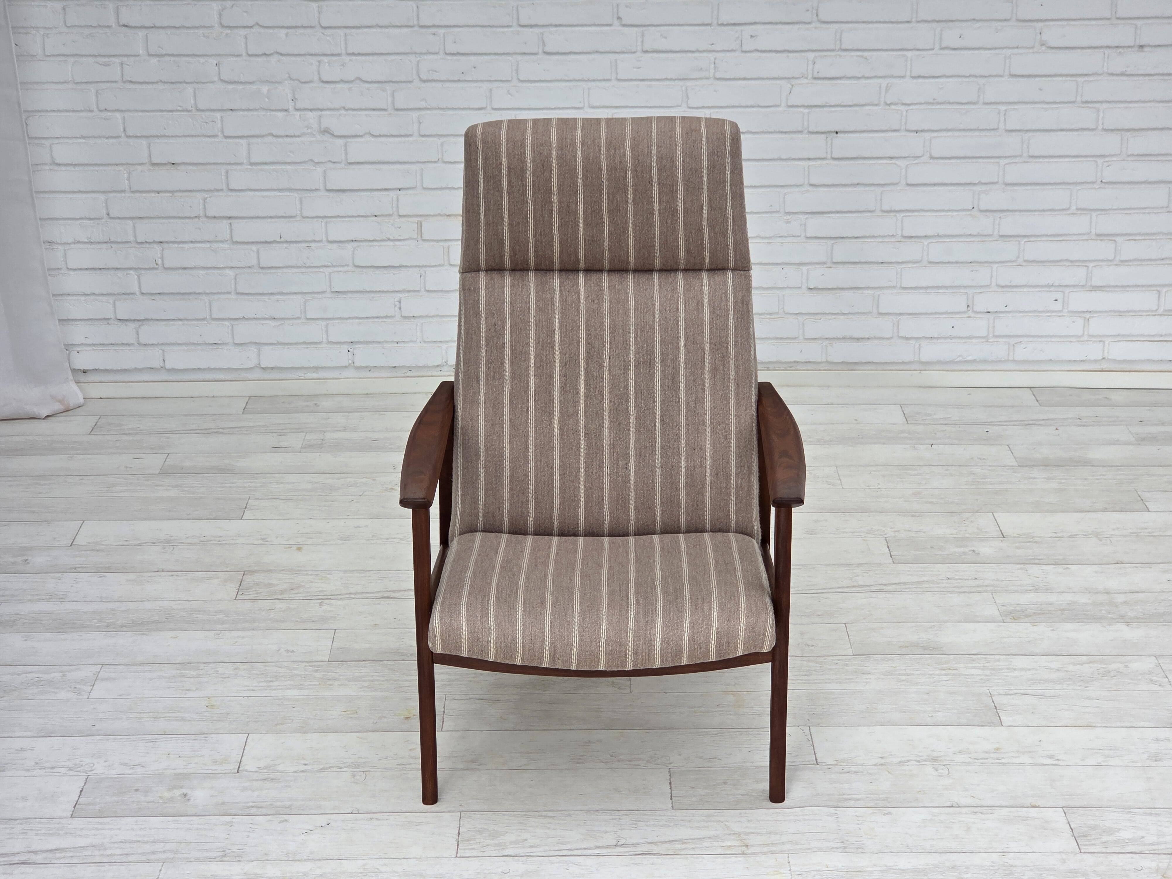1970s, Danish highback armchair, furniture wool, teak wood, original.
