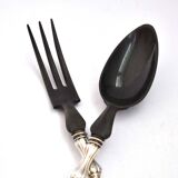 Couvert à salade ancien en métal argenté et corne noir - service néoclassique fleuris 19e s.