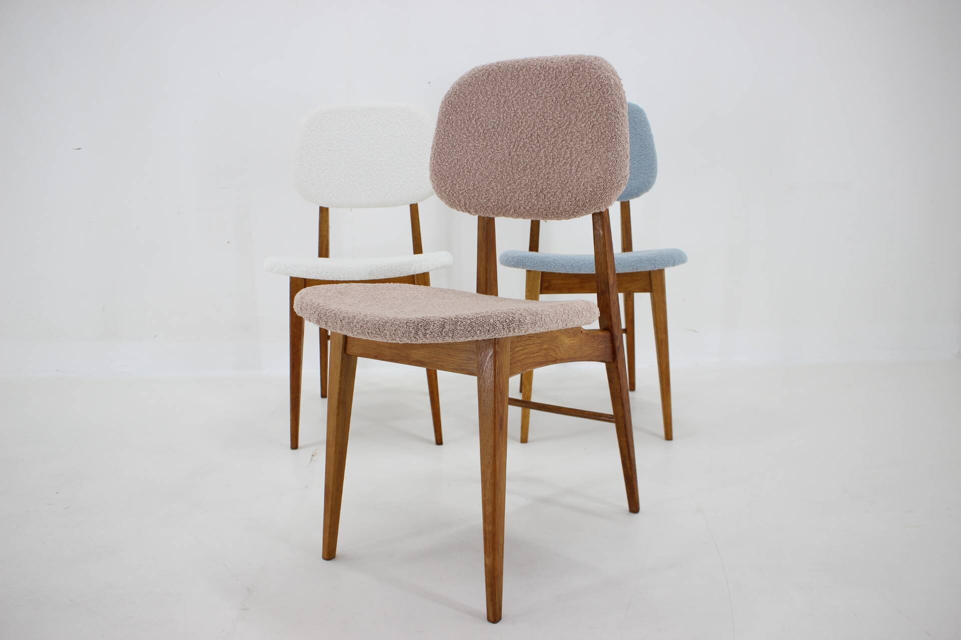 1960s Set of Three Oak Dining Chairs in Boucle, Czechoslovakia