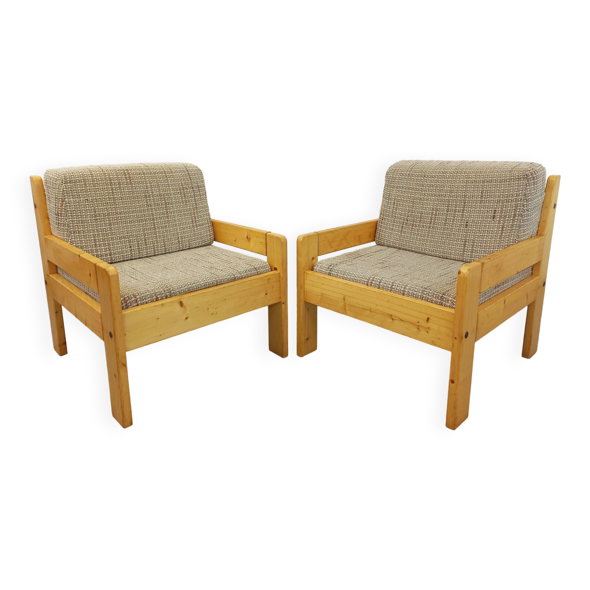 Set of 2 vintage fireside chairs in pine and fabric from the 70s