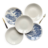 5 vintage Gien earthenware plates from France, mismatched, vintage blue pattern