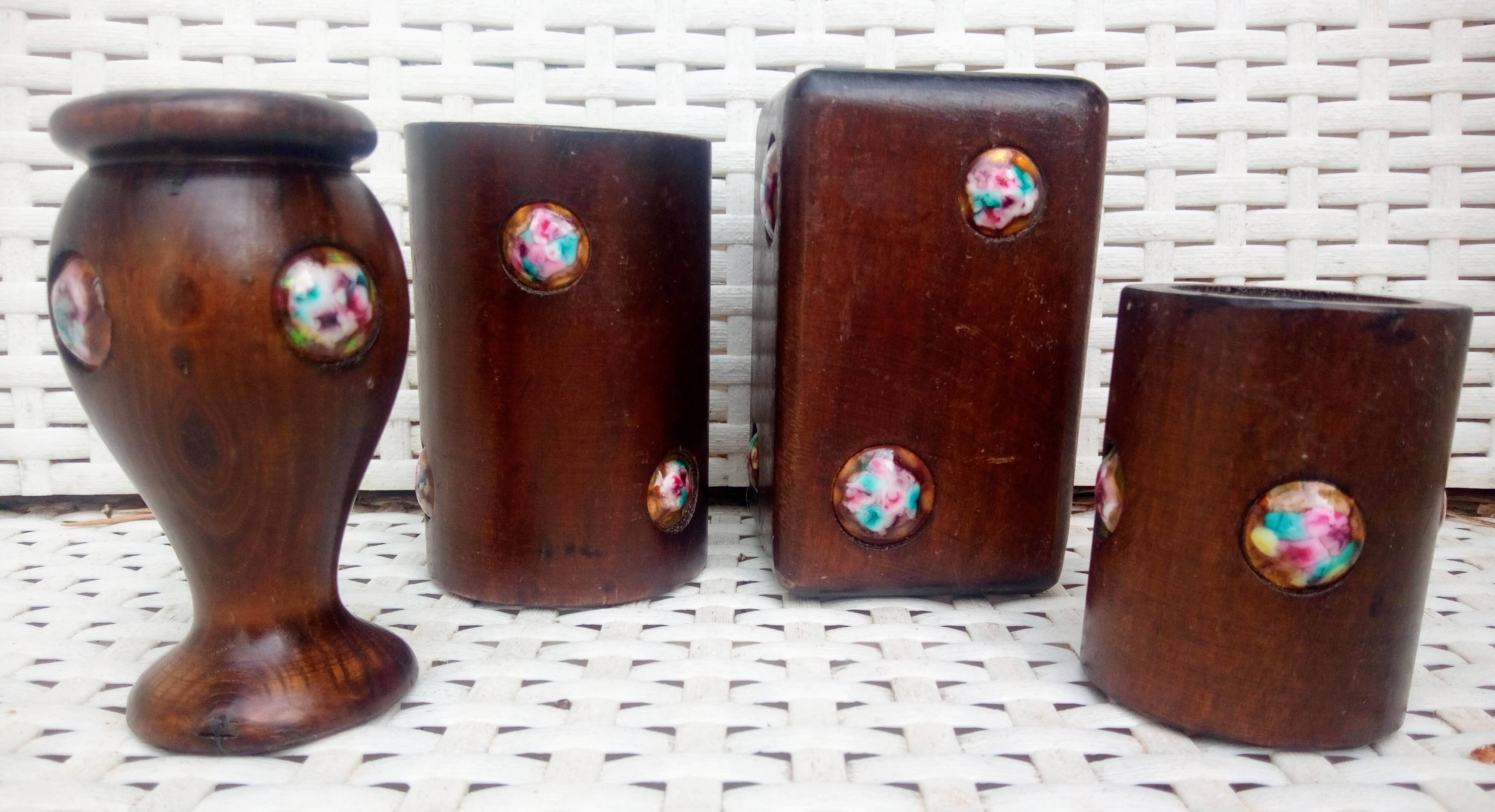 Set de bureau vintage, pots à crayon en bois et émaillé