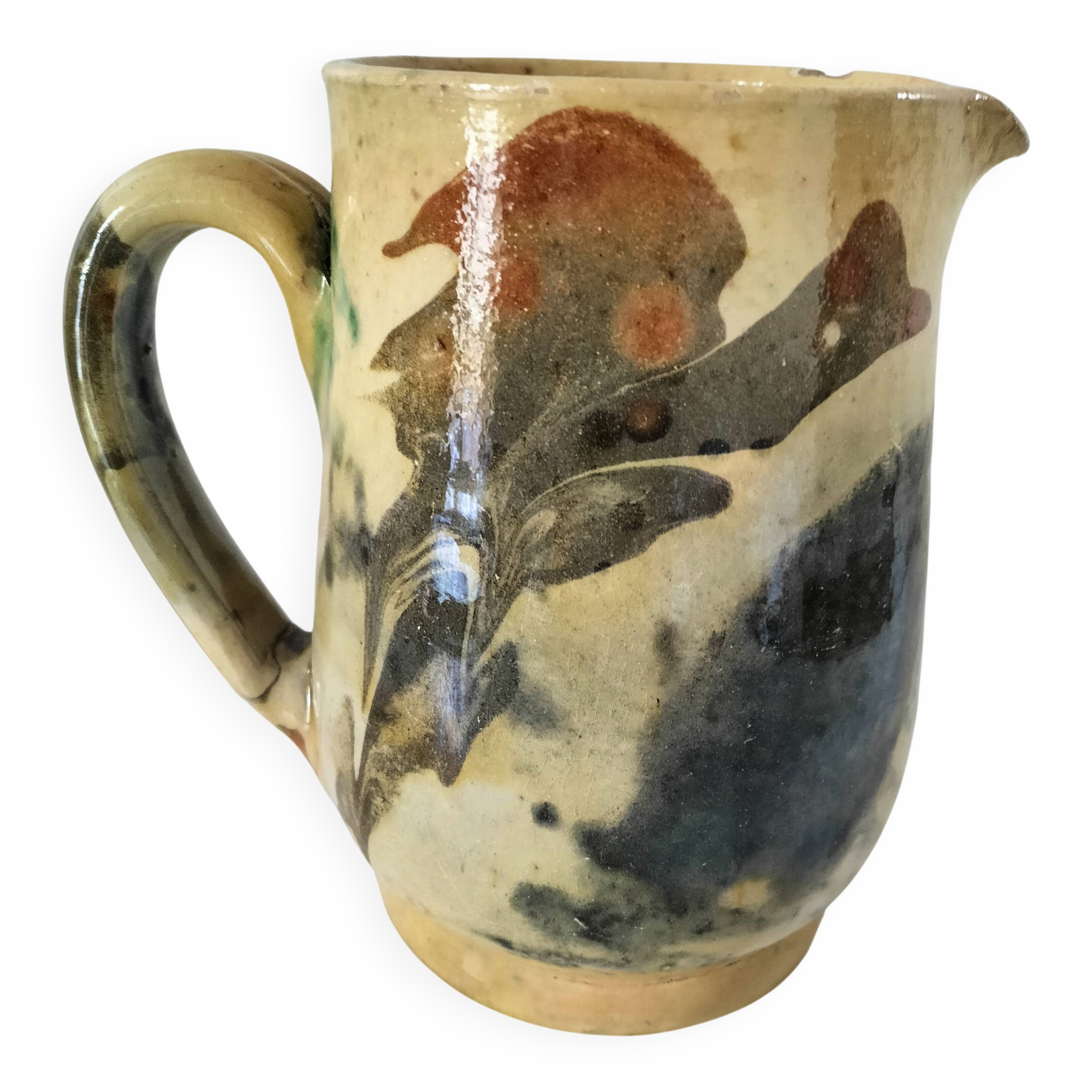 Glazed earthenware pitcher with abstract polychrome decoration, handmade.