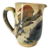 Glazed earthenware pitcher with abstract polychrome decoration, handmade.