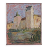Original Swedish oil on canvas – “Castle” by Karen Heggestad – dated 2002 – vintage & framed – 28 × 33 cm (11.0" × 13.0")