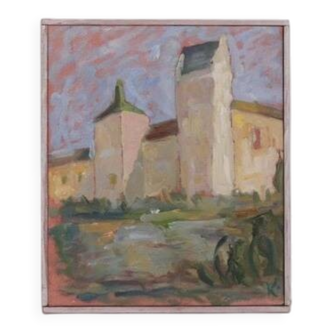 Original Swedish oil on canvas – “Castle” by Karen Heggestad – dated 2002 – vintage & framed – 28 × 33 cm (11.0" × 13.0")