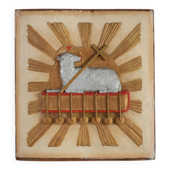 19th Century Religious Carved Wooden Agnus Dei Panel, France
