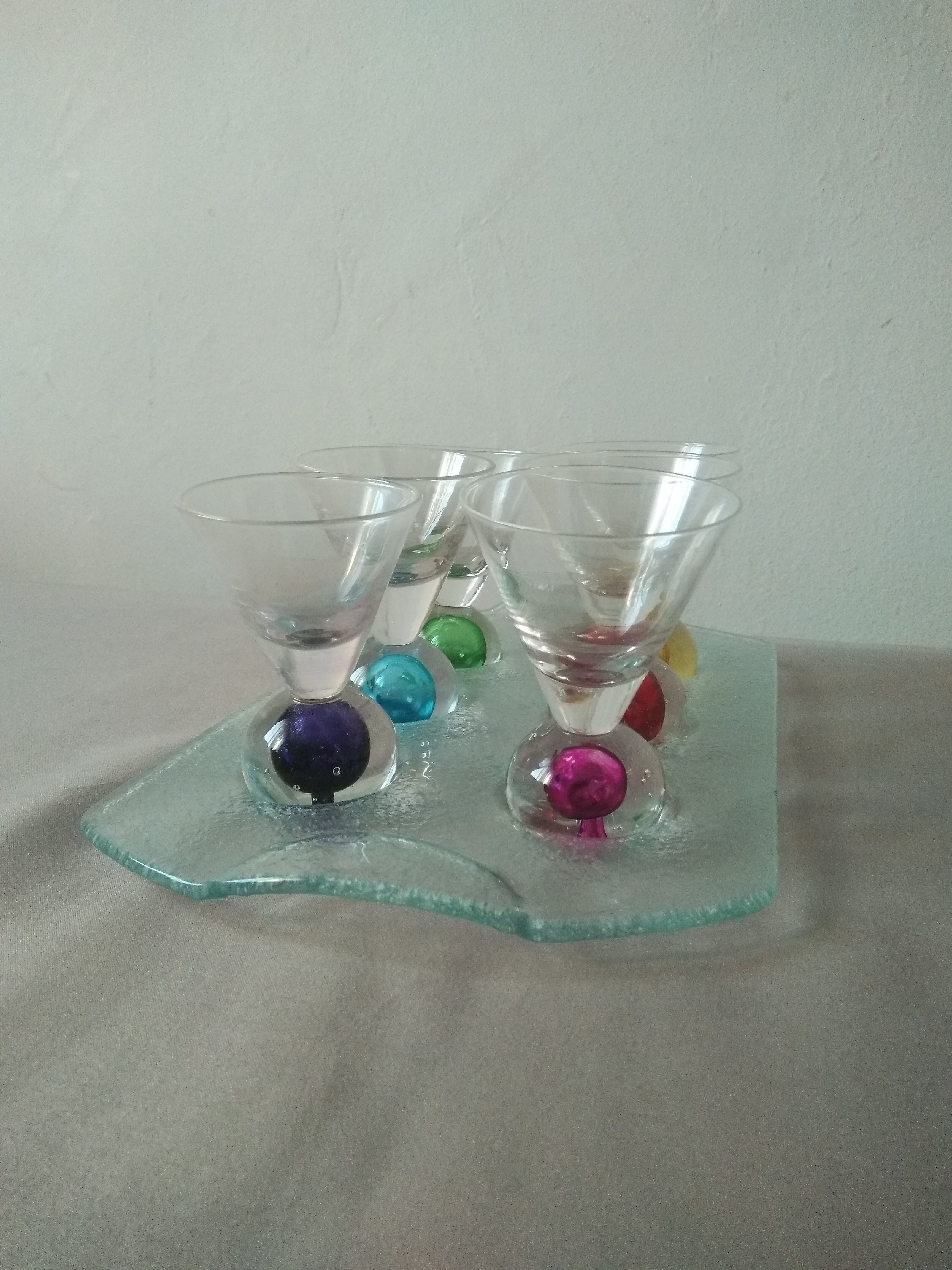 Box 6 liqueur glasses, colored ball base + serving tray, new