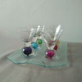 Box 6 liqueur glasses, colored ball base + serving tray, new
