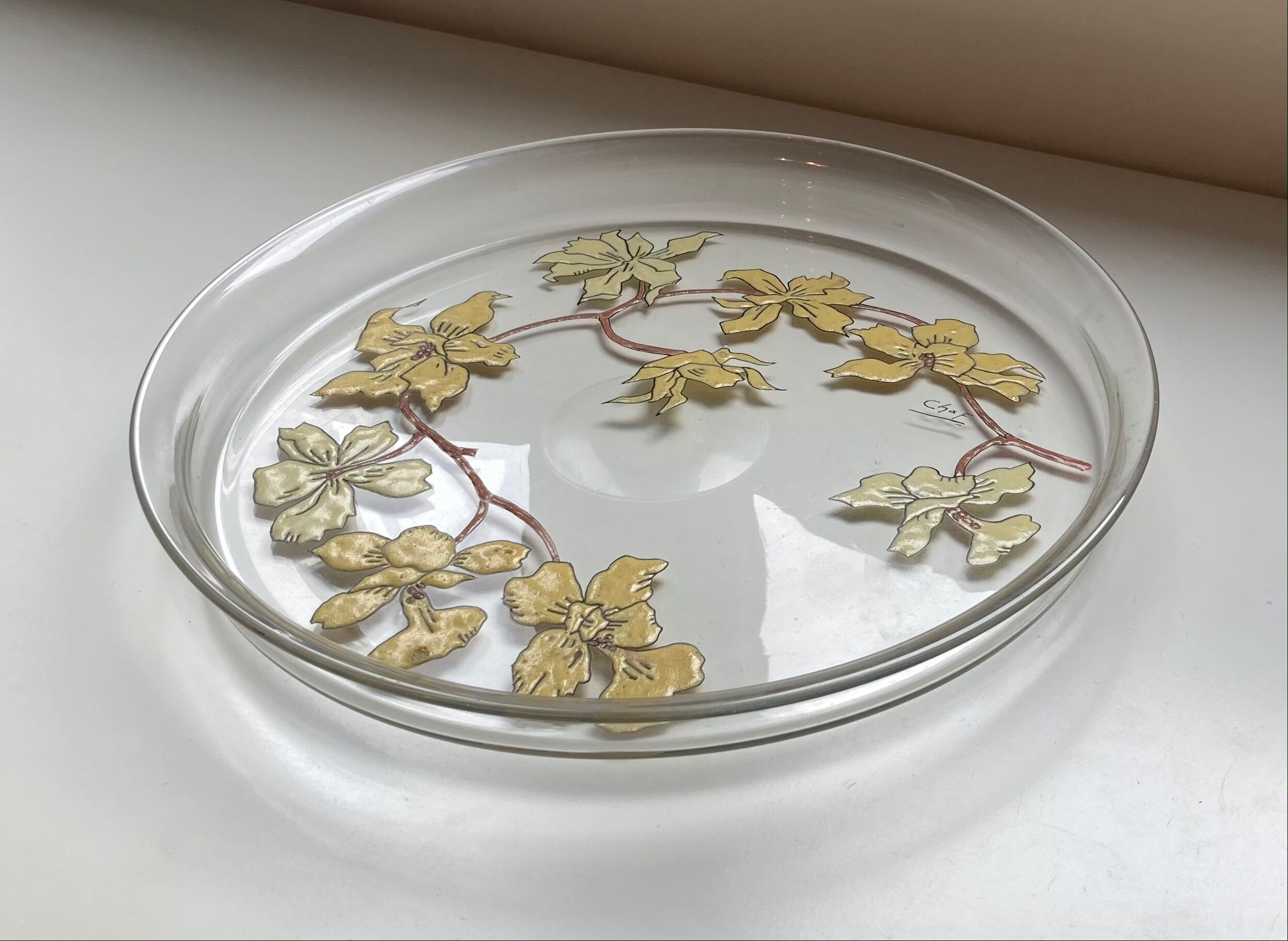 Former Art Nouveau Floral enamel glass flat tray signed Chaf Nancy School