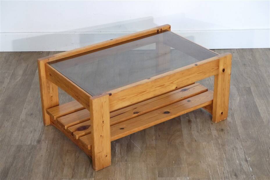 1970s pine and glass coffee table