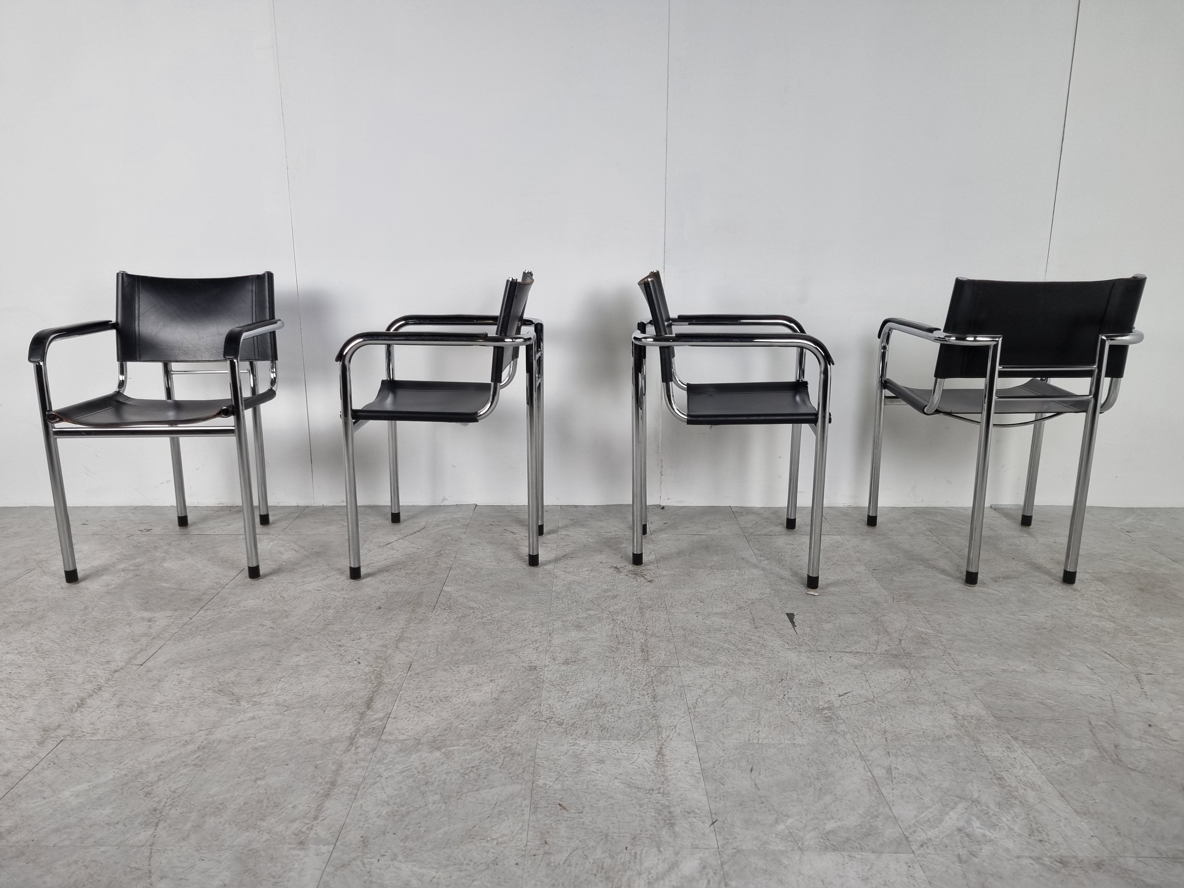 Vintage chrome and leather dining chairs set of 4 - 1980s