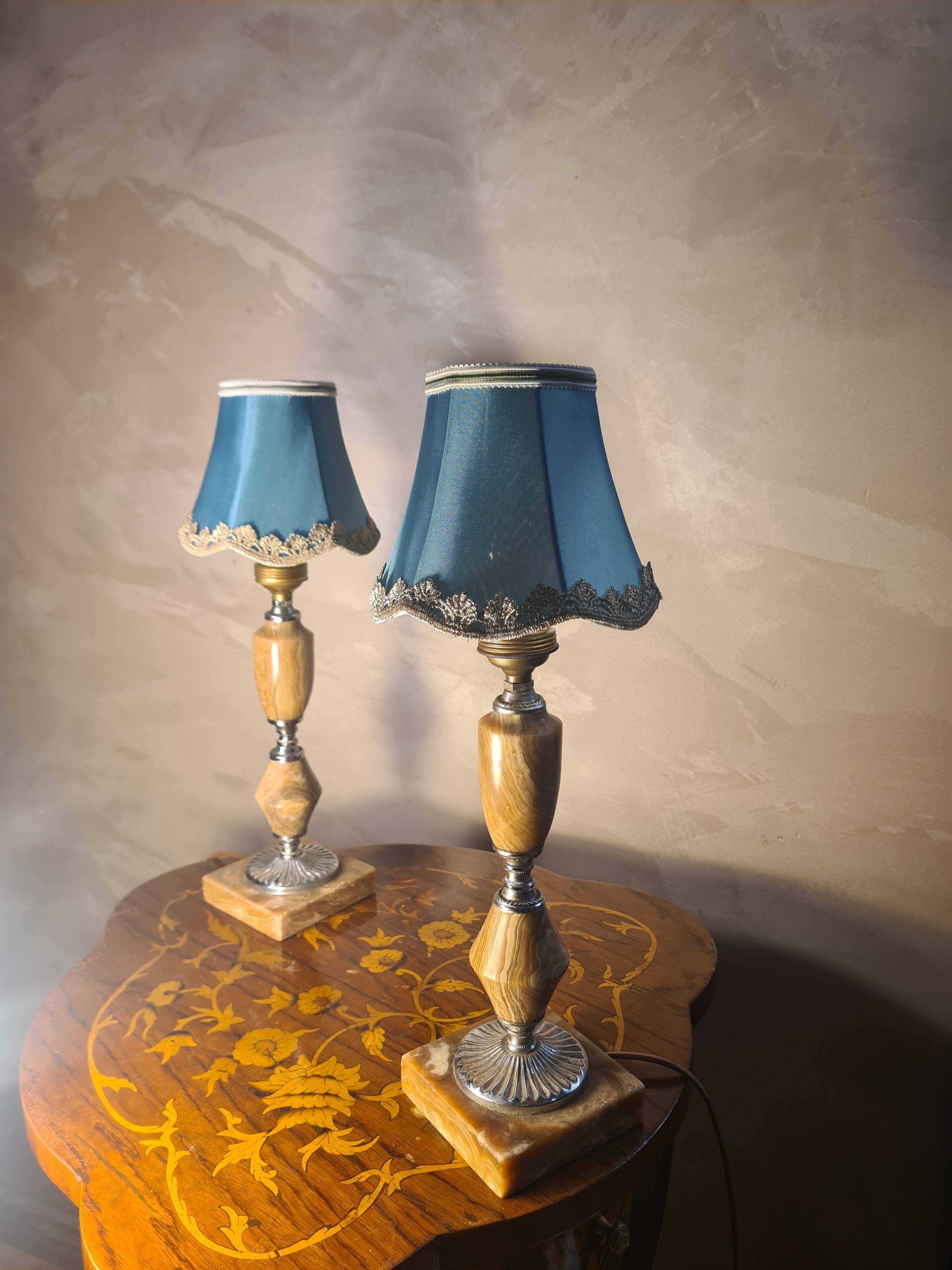 Pair of classic 1970 marble bedside lamps, new lampshades, electrical in working order, 39x14.