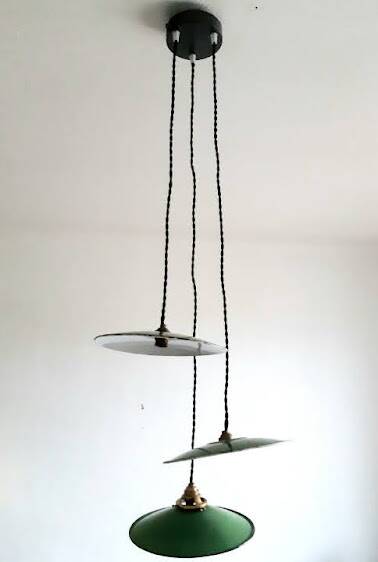 Trio pendant lights in enamelled industrial sheet metal