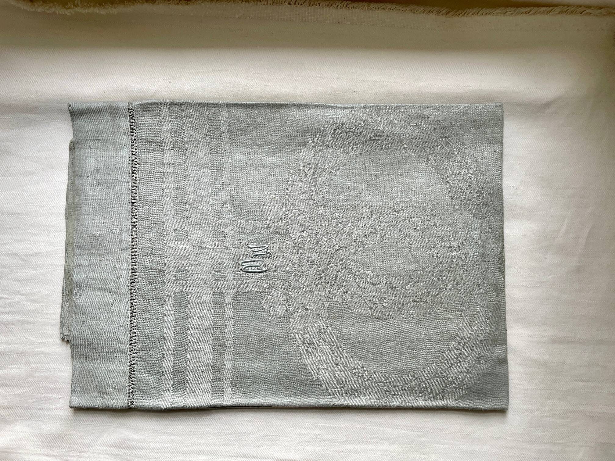 Old embroidered table centre Grey Green 55x111 cm