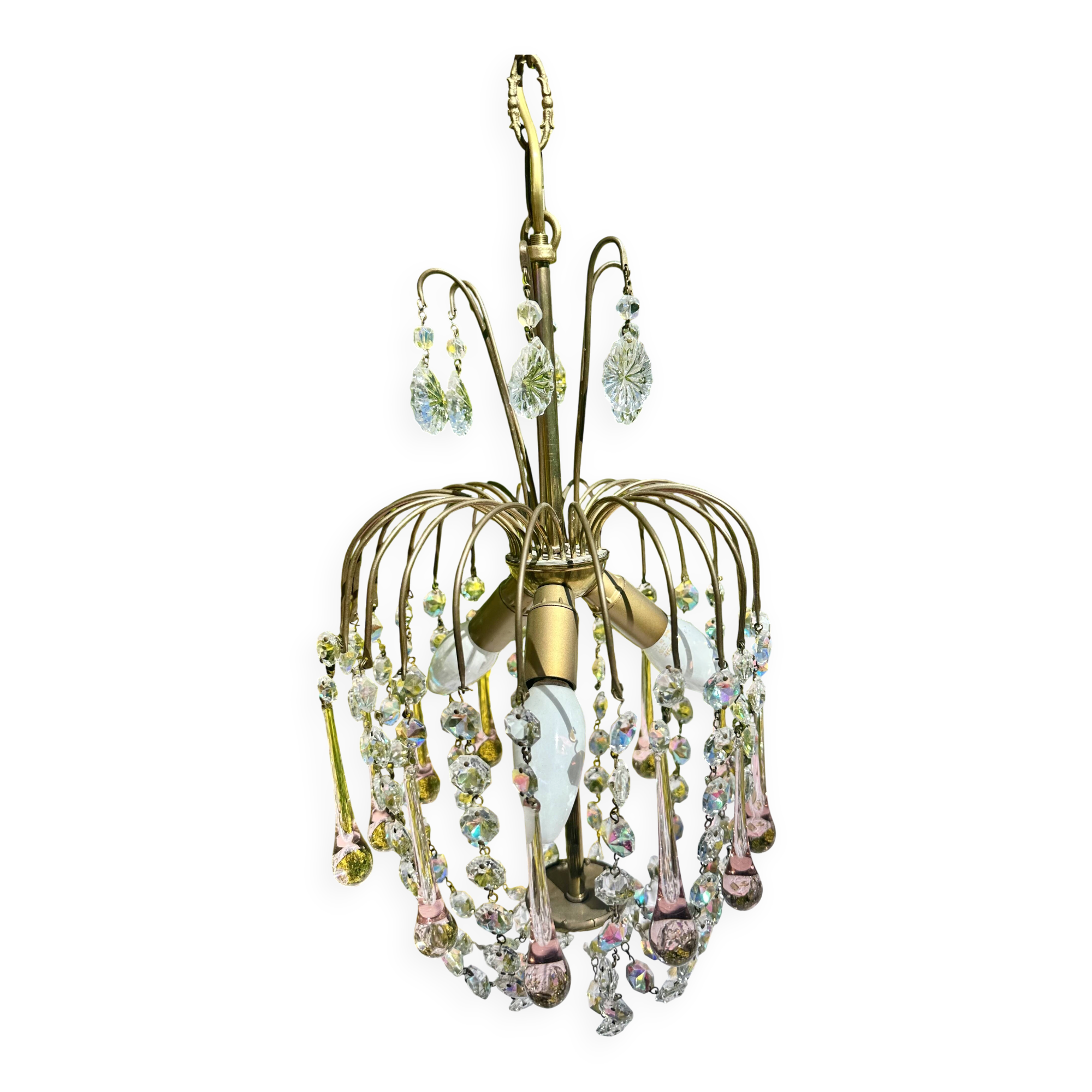 Magnificent Cascade Chandelier in Brass & Crystal Glass 1970s Vintage