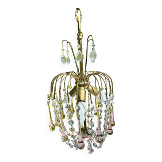 Magnificent Cascade Chandelier in Brass & Crystal Glass 1970s Vintage