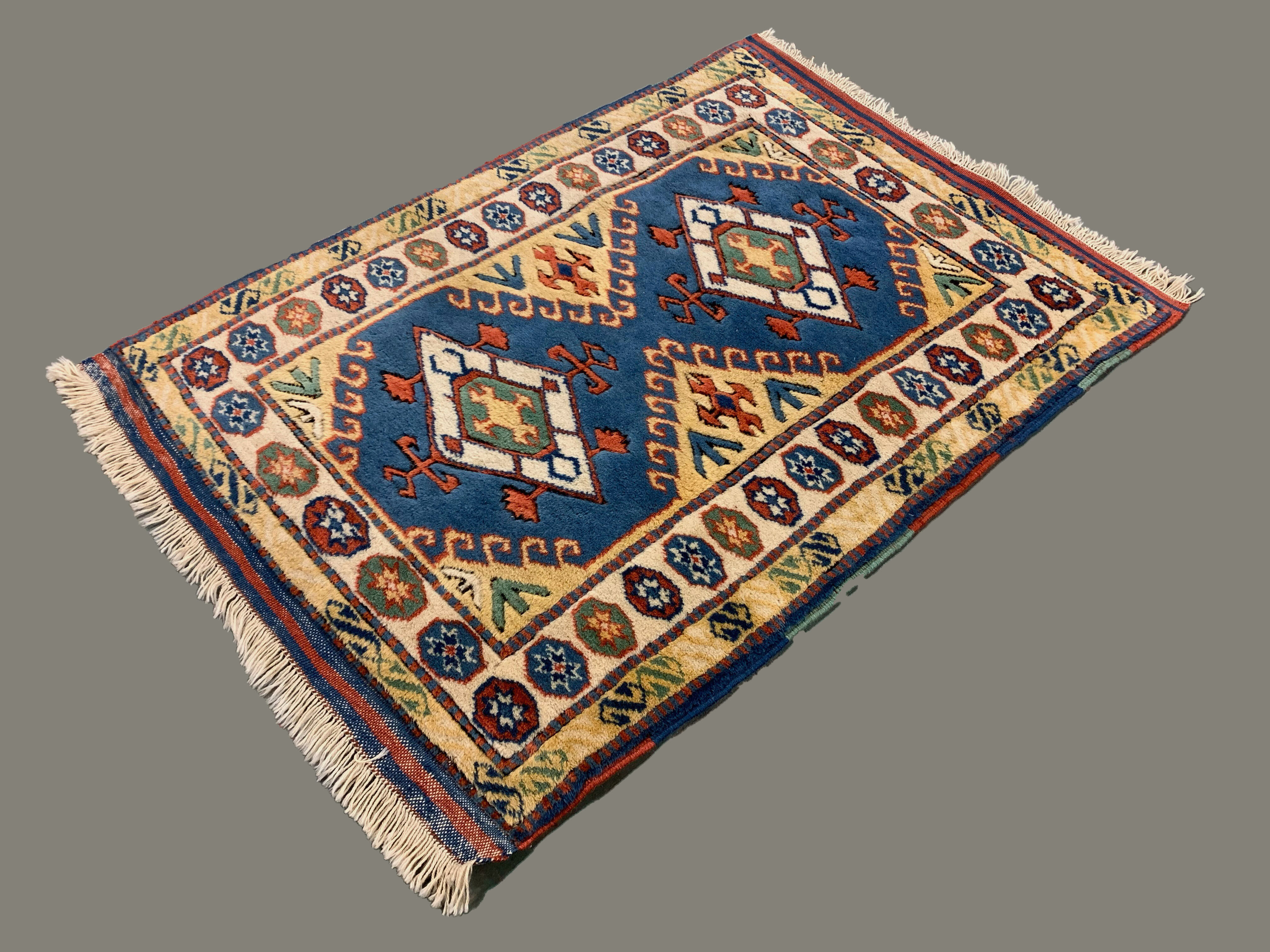 Old Turkish Kazak Rug Oriental 123x95 cm vintage tribal carpet, Red and Blue