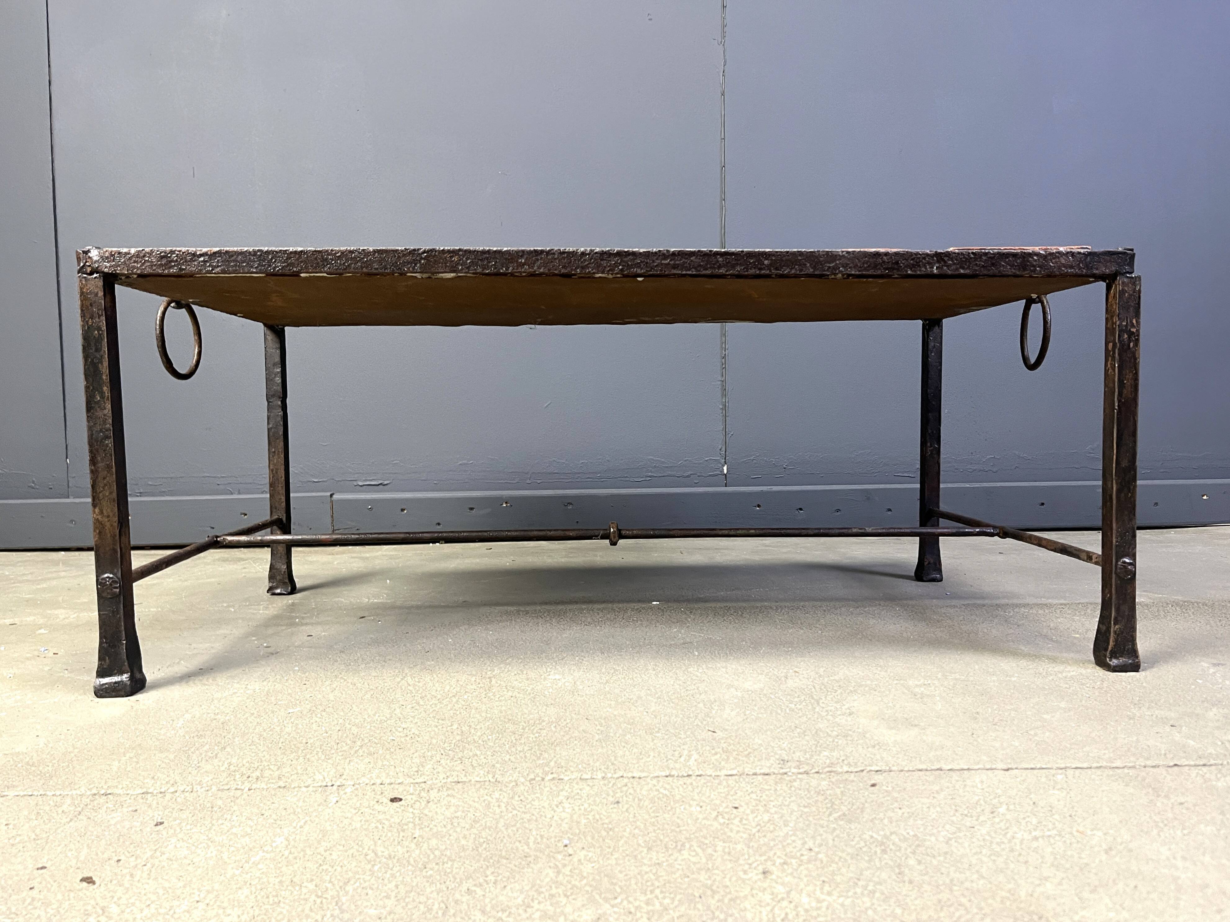 Spanish iron and ceramic tile coffee table, 1950s