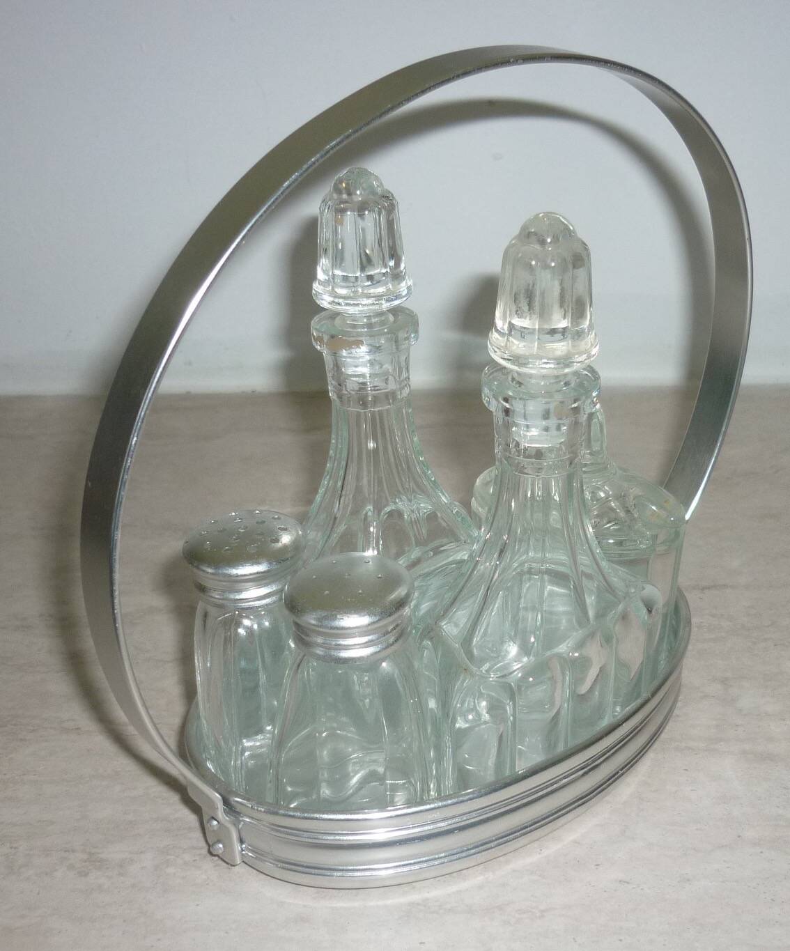 Oil vinegar salt pepper and mustard condiment server