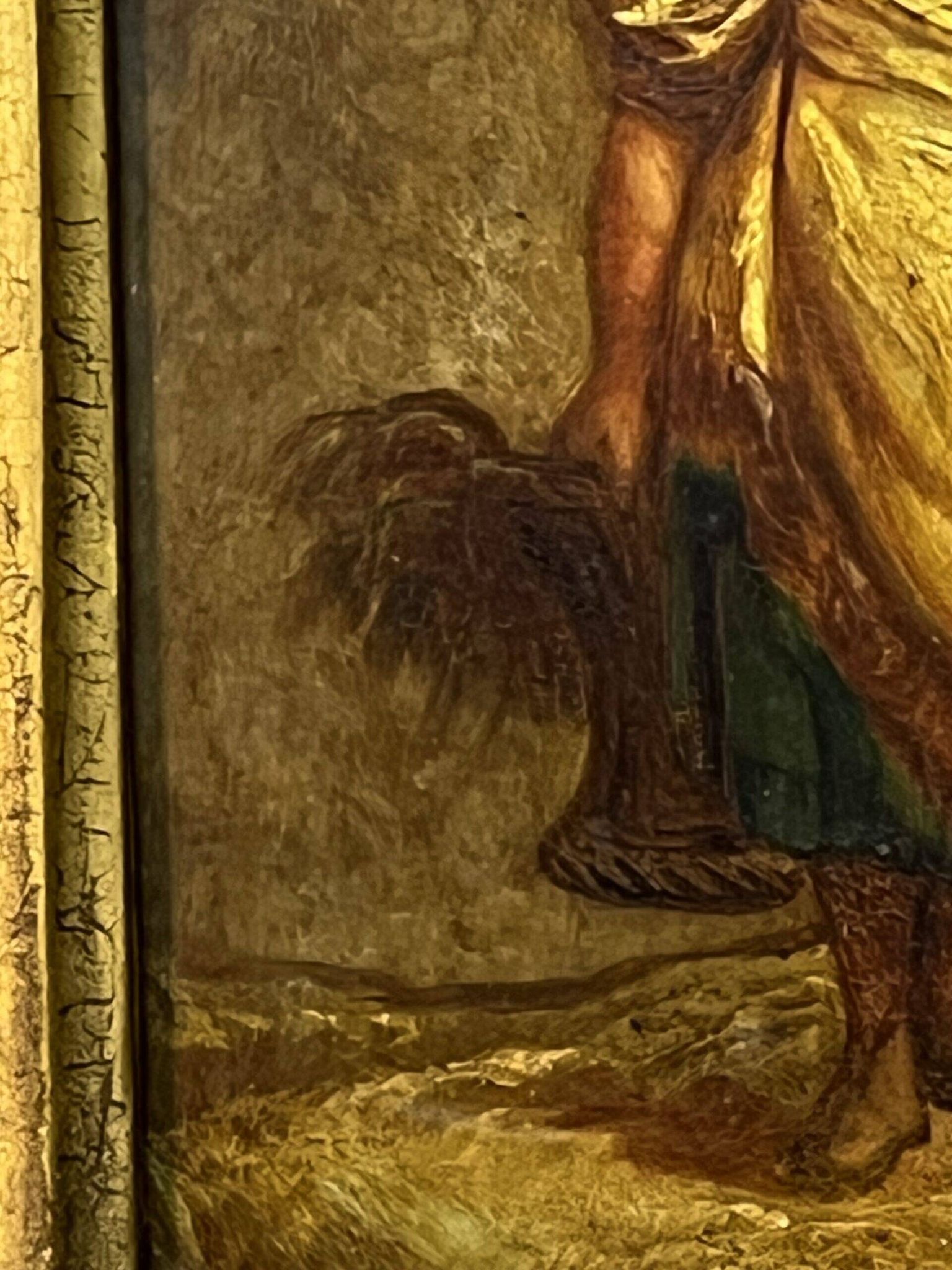 Oil on wood panel, woman with basket, signed LP, Jean Baptiste Le Prince?