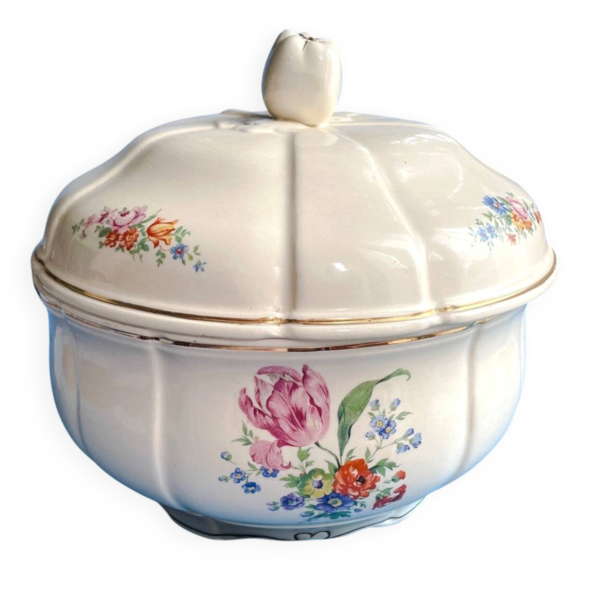 Soupière ancienne Badonviller – demi-porcelaine ivoire, fleurs et dorure