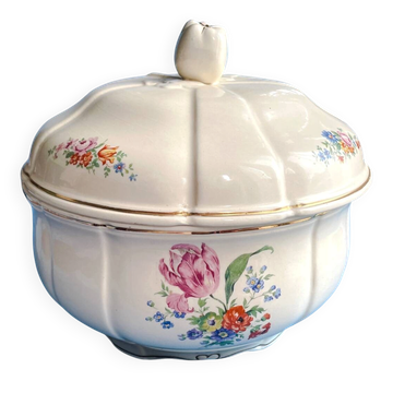 Soupière antique Badonviller – porcelaine demi-ivoire, fleurs et dorure.