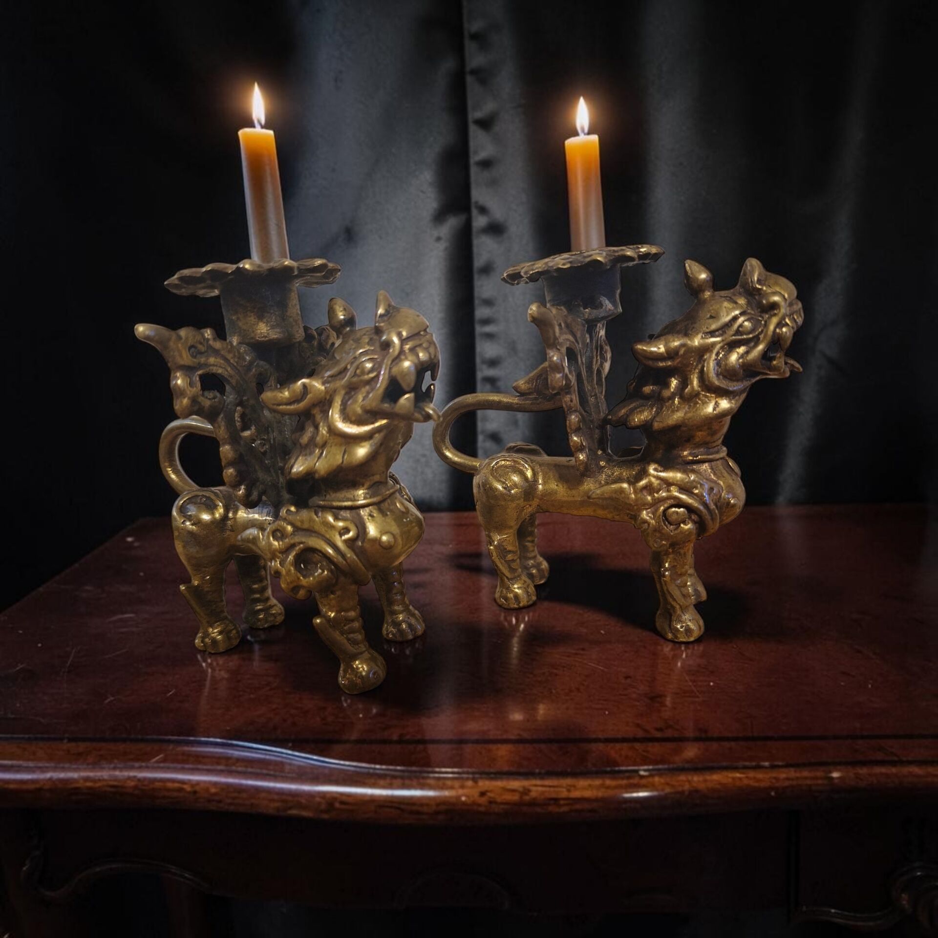 Pair of vintage brass candlesticks, Foo Dogs / Guardian Lions
