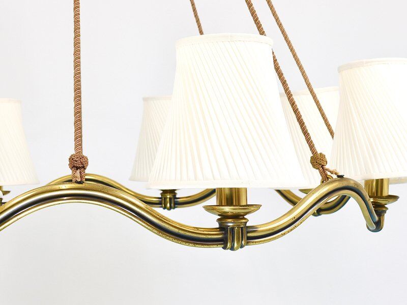 Large Viennese Modernism curved brass wave chandelier by Hugo Gorge, 1940s