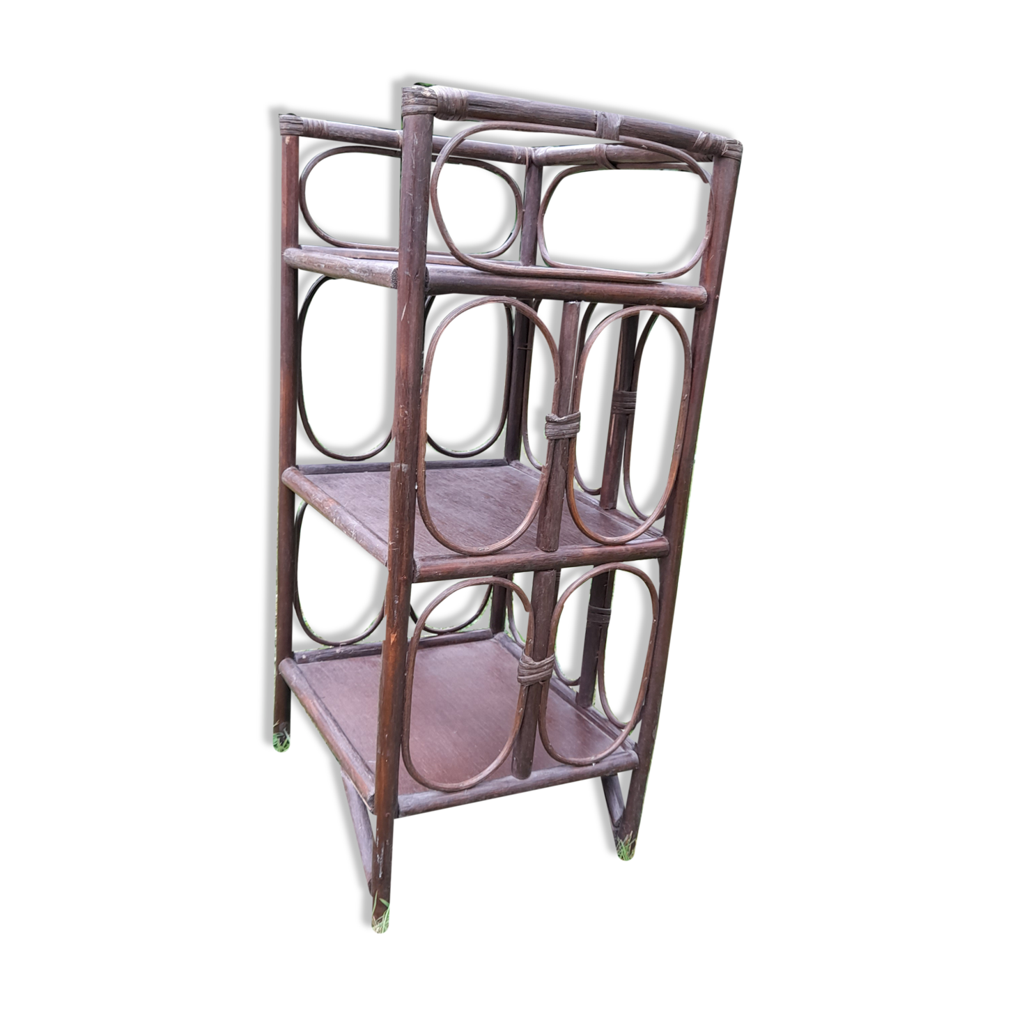 Bamboo and rattan foot shelf, dark version, vintage