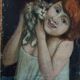 Portrait enfant et chat sur panneau de bois