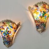Paire d'appliques Murano vintage avec rosettes et grappes de verre coloré