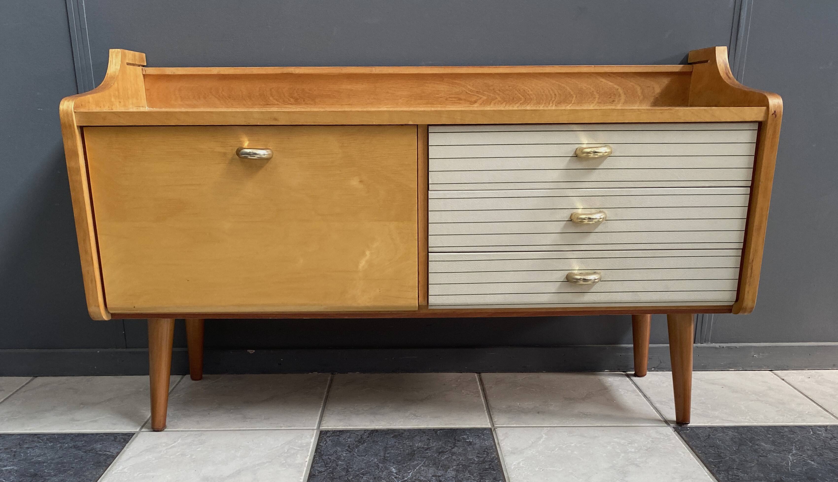 Low sideboard, white leatherette drawer fronts, 1960s