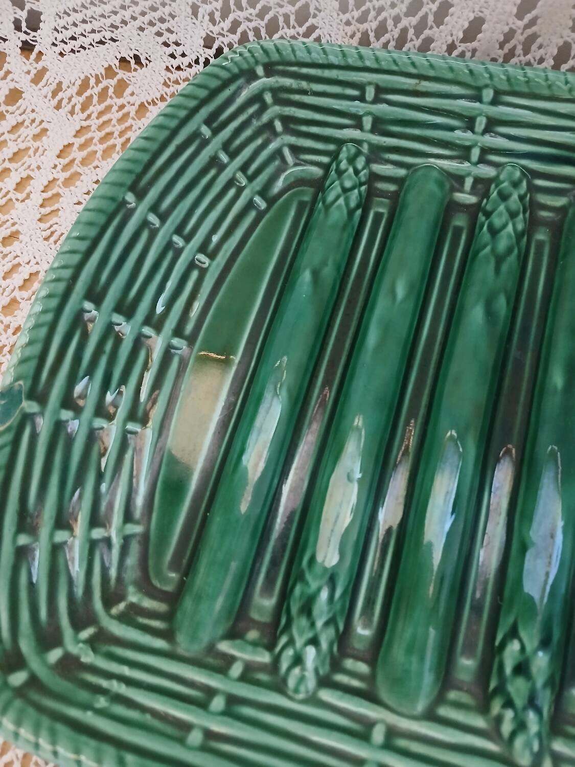 Antique Barbotine dish with asparagus motifs