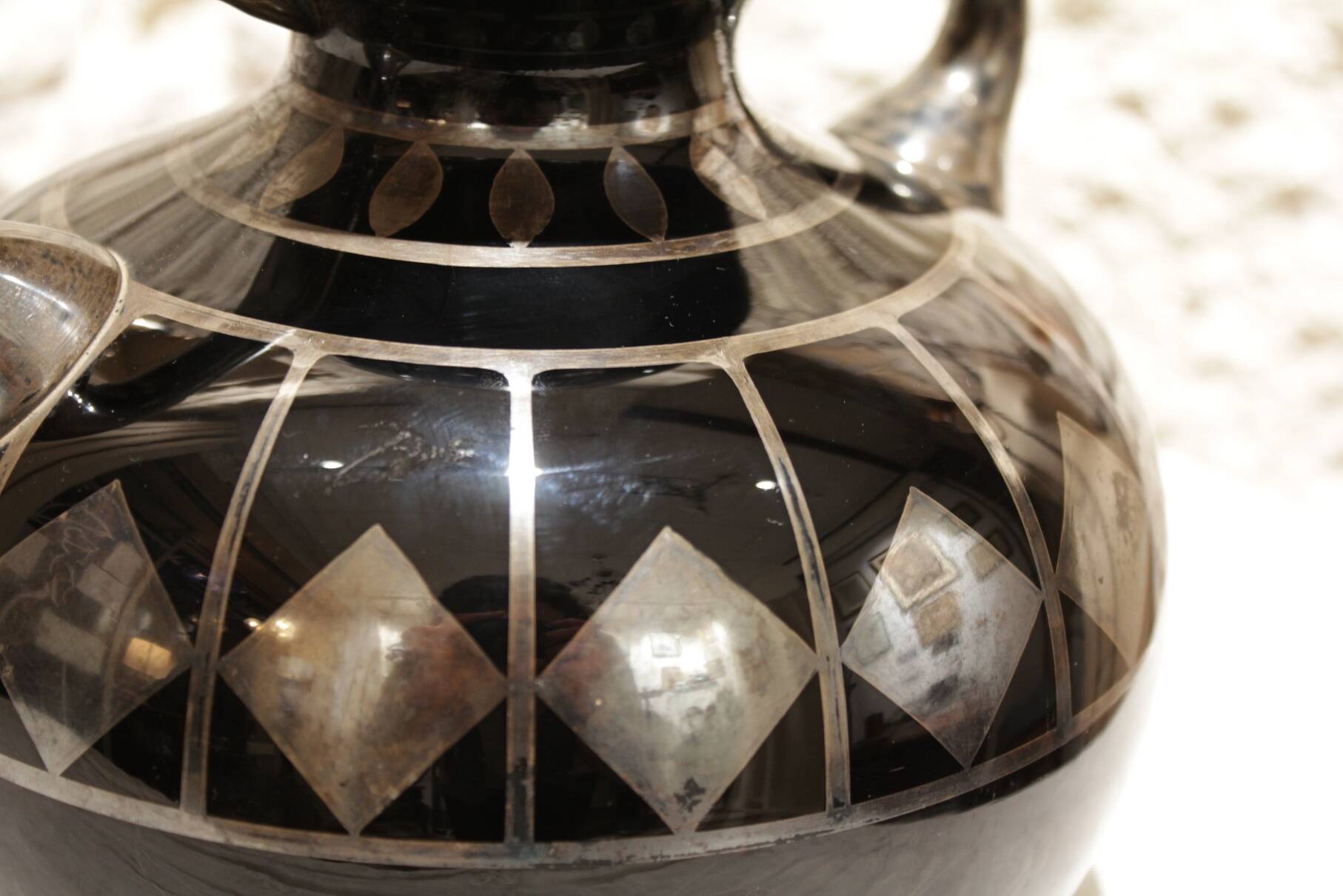 Black and silver glass vase signed hem, michel herman, circa 1930