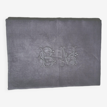 damask tablecloth 160x230 monogrammed BM dyed in dark gray