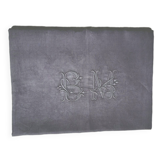 damask tablecloth 160x230 monogrammed BM dyed in dark gray