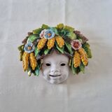 Vintage Italian ceramic wall mask, handmade, decorated with floral details