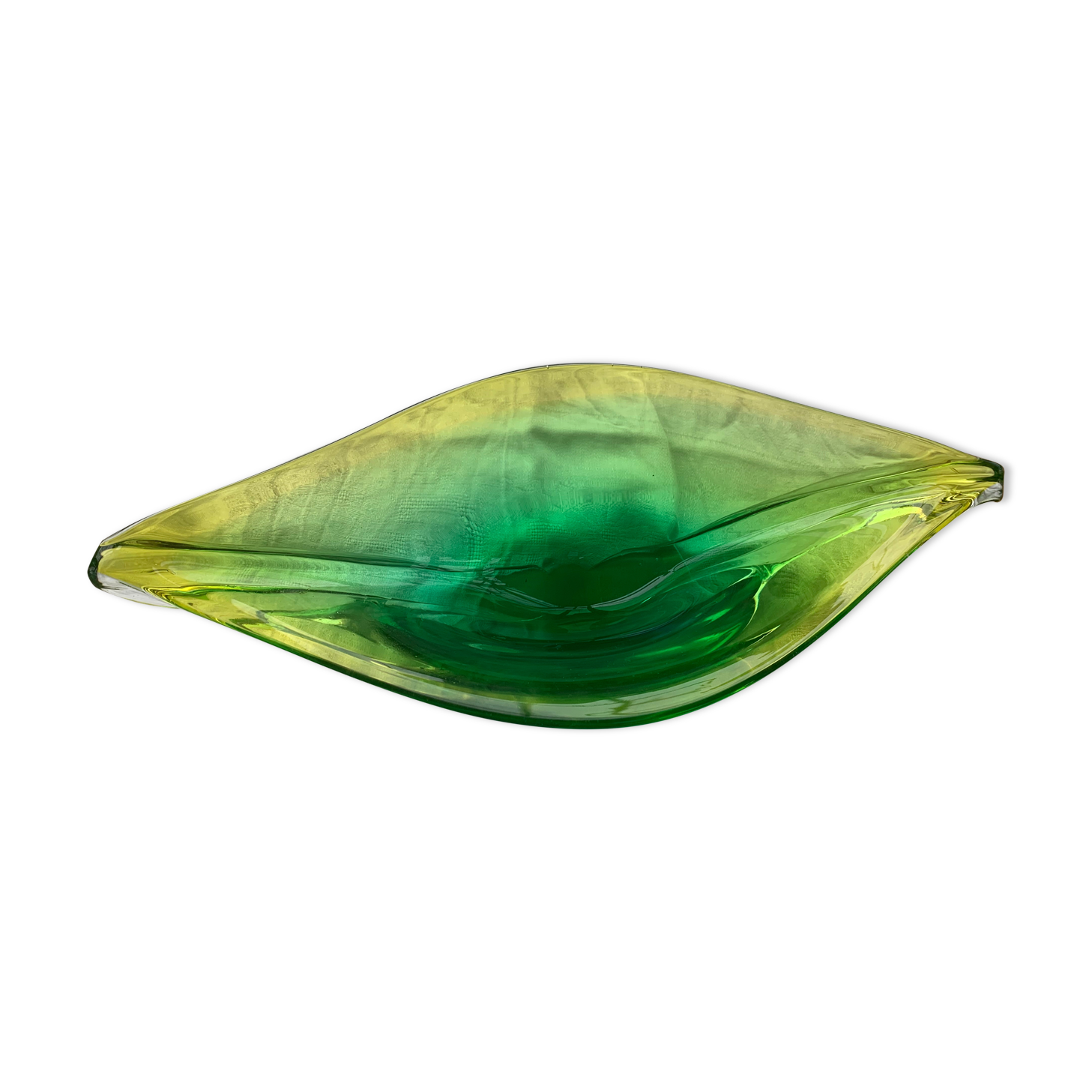 Glass fruit cup in the shape of a vintage yellow green vegetable leaf