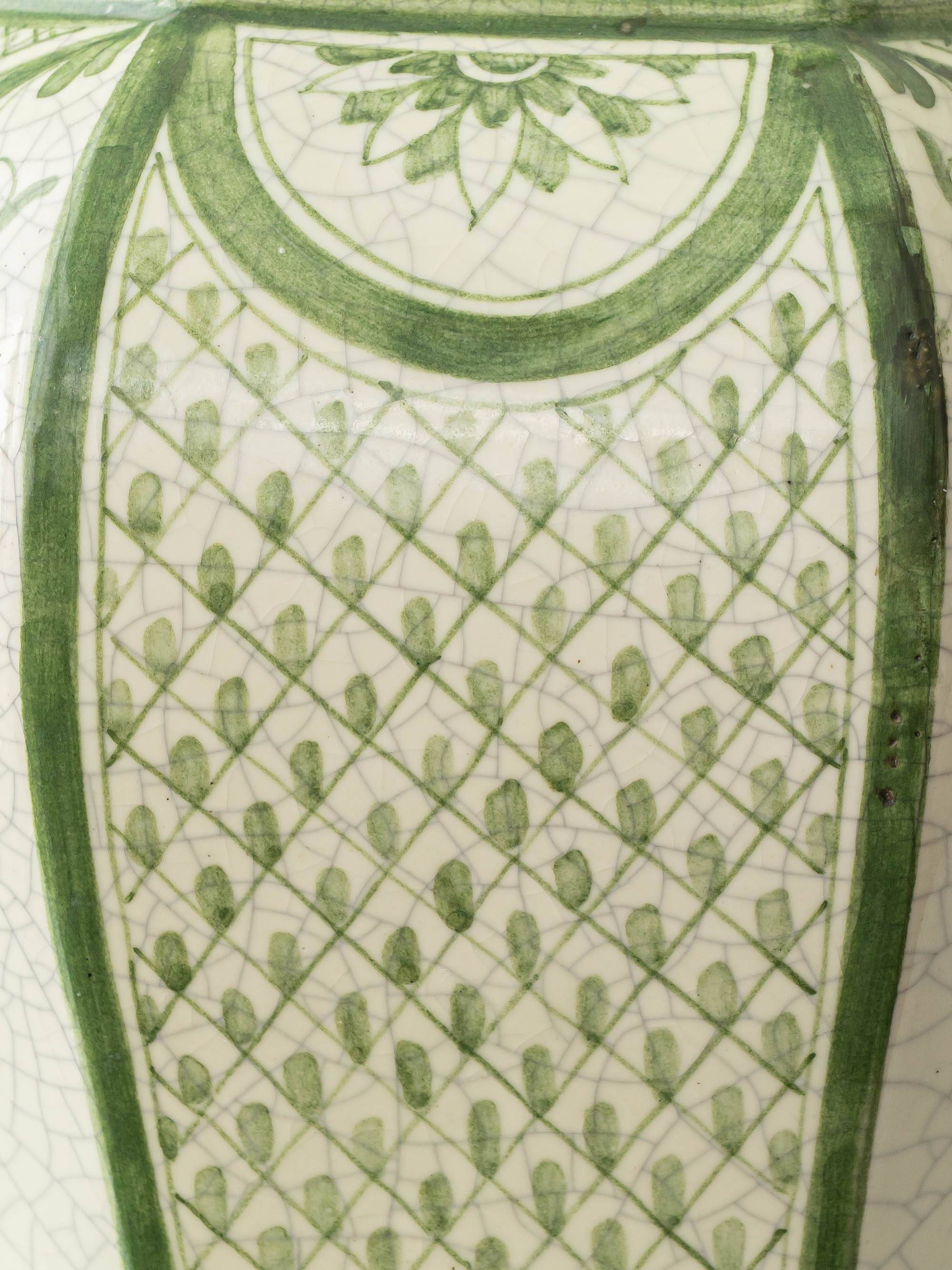 Spanish Revival Table Lamp in Green Ivory Crackle Ceramic, New Linen Shade