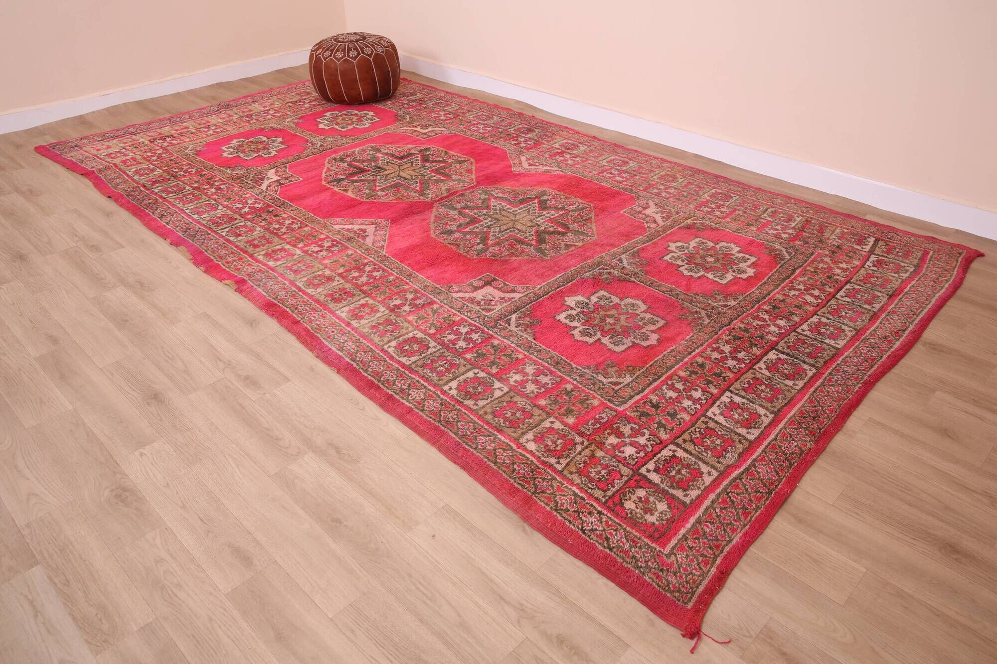 Pink Vintage Moroccan Rug 208 x 384 cm, Berber Wool Rug Handmade, Boho Rug
