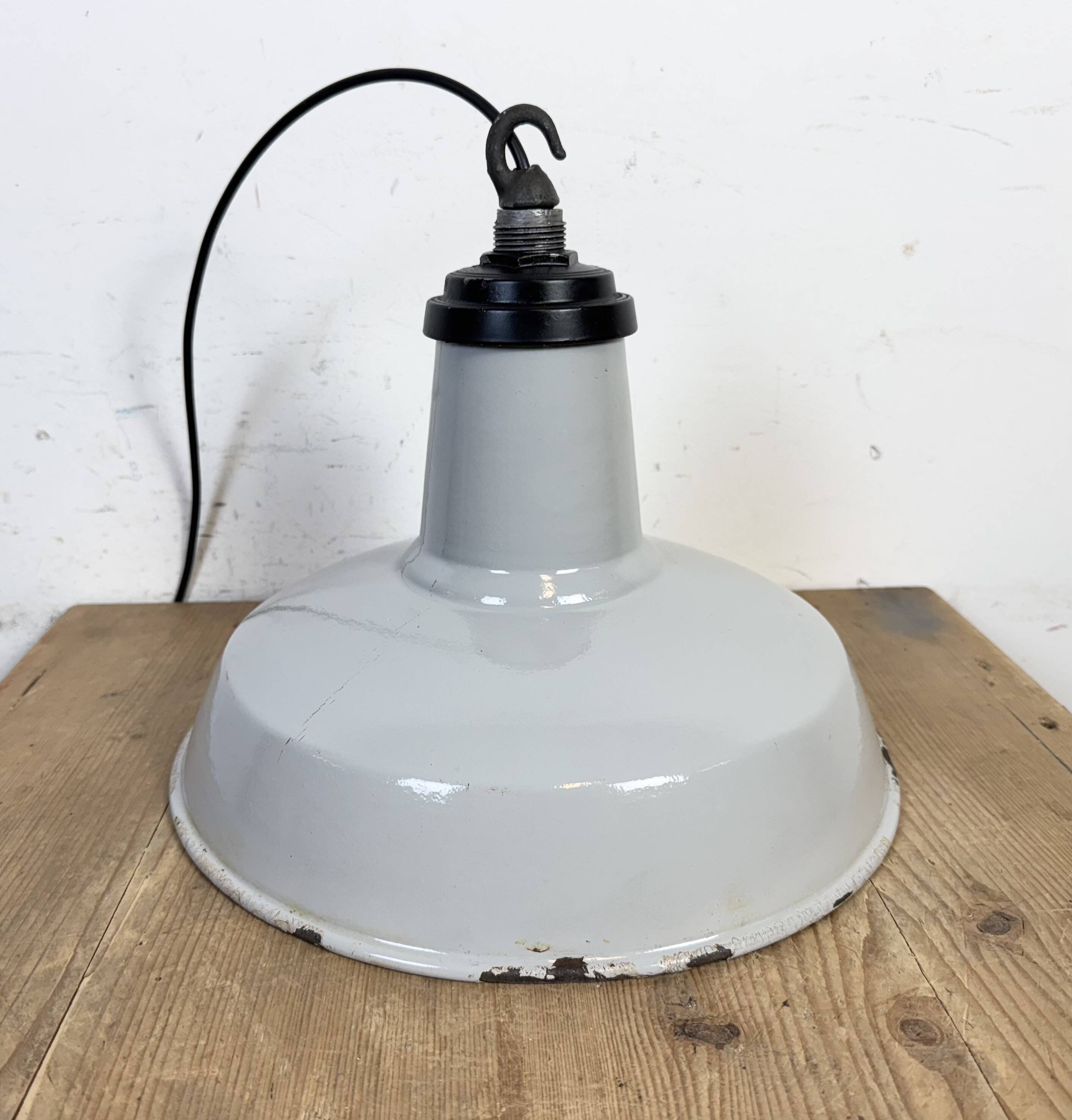 Industrial Grey Enamel Factory Pendant Lamp, 1960s
